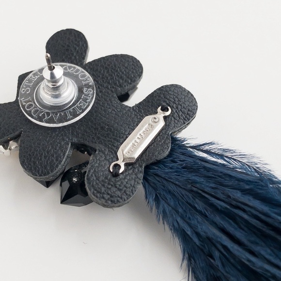 Stella & Dot Navy French Twist Feather Earrings Crystal Rhinestone Drop Dangle - Picture 9 of 10